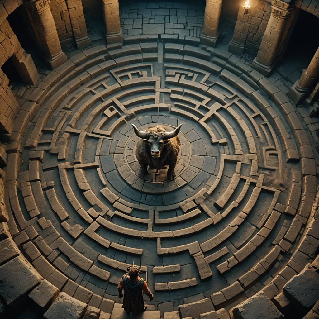 Minotaur in Labyrinth: Cinematic Film Still