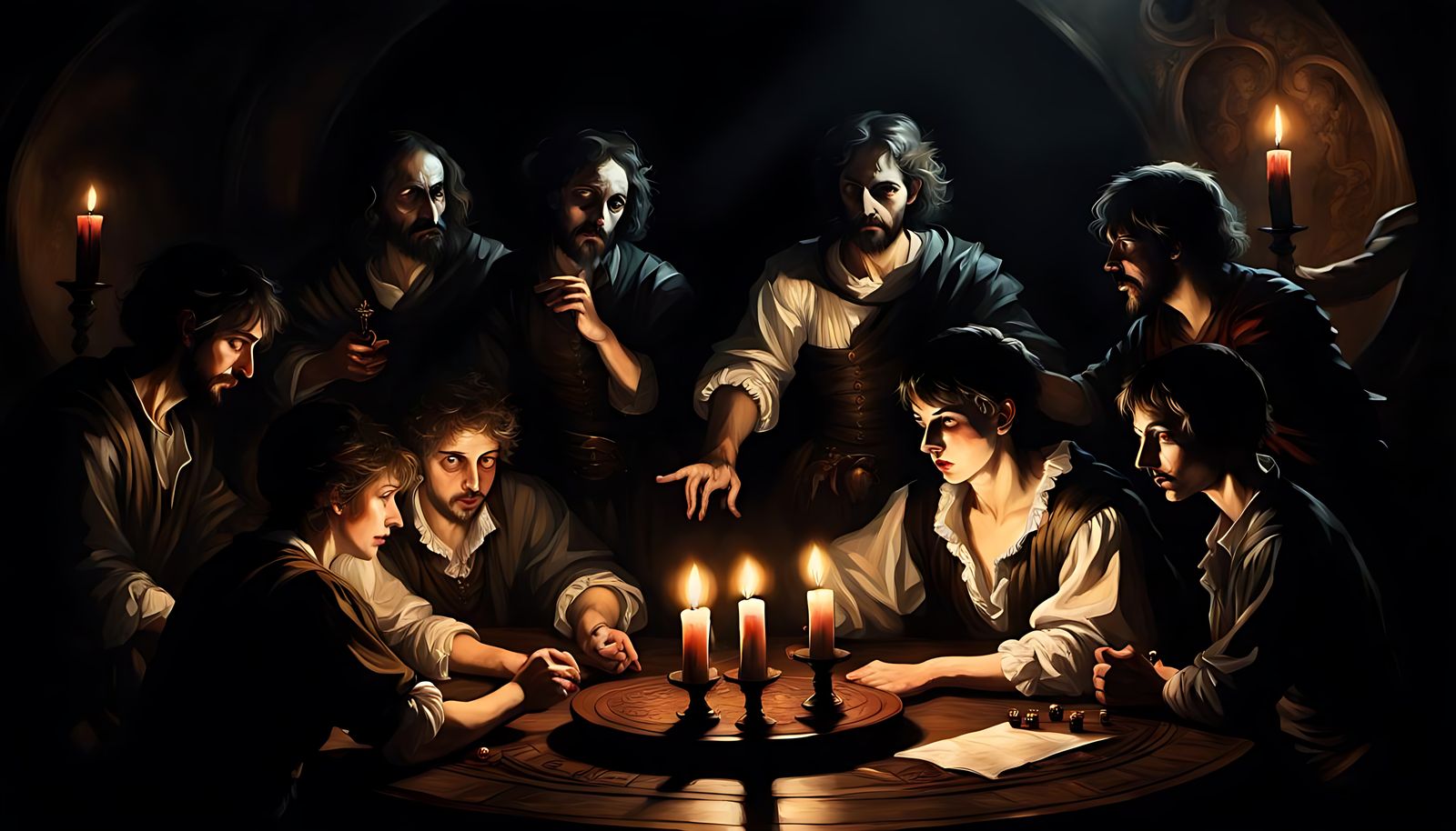 A Chiaroscuro painting  inspired by Caravaggio of a group of...