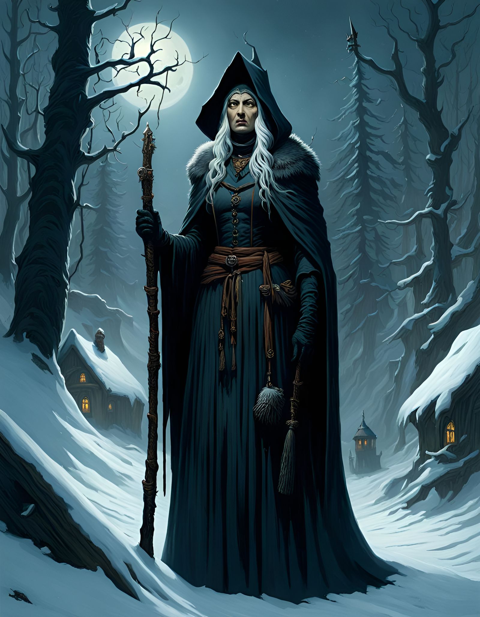 Sinister Baba Yaga Witch in Winter Landscape