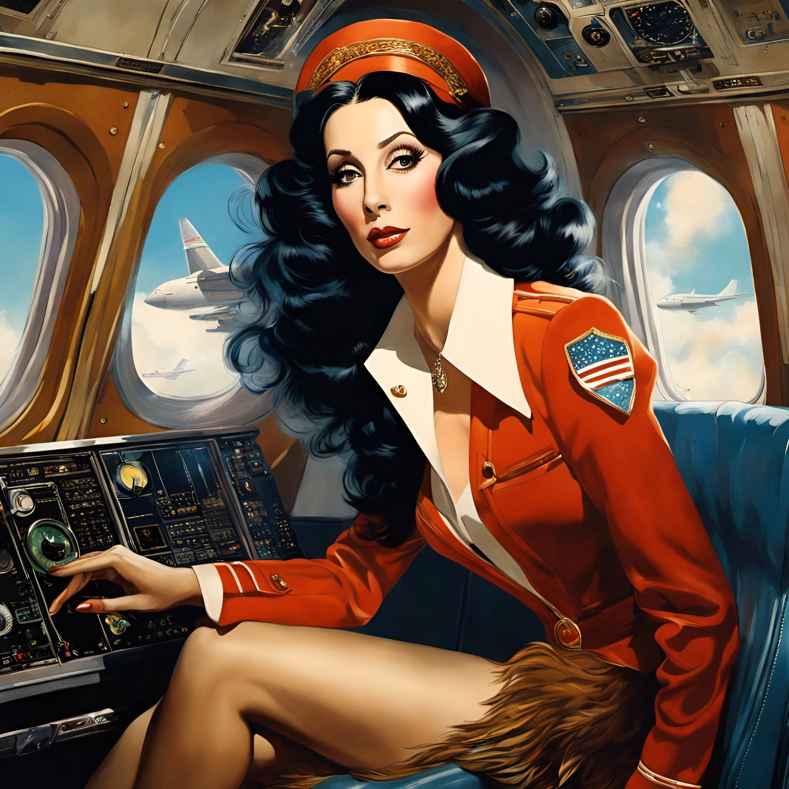 Glamorous Cher Airplane Portrait in Pin-Up Style