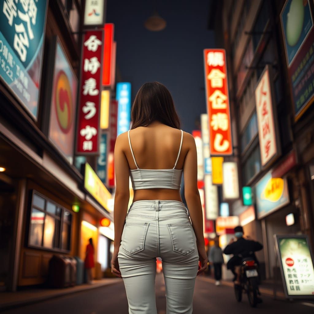 Tokyo Street Scene with Woman in Neon Lights