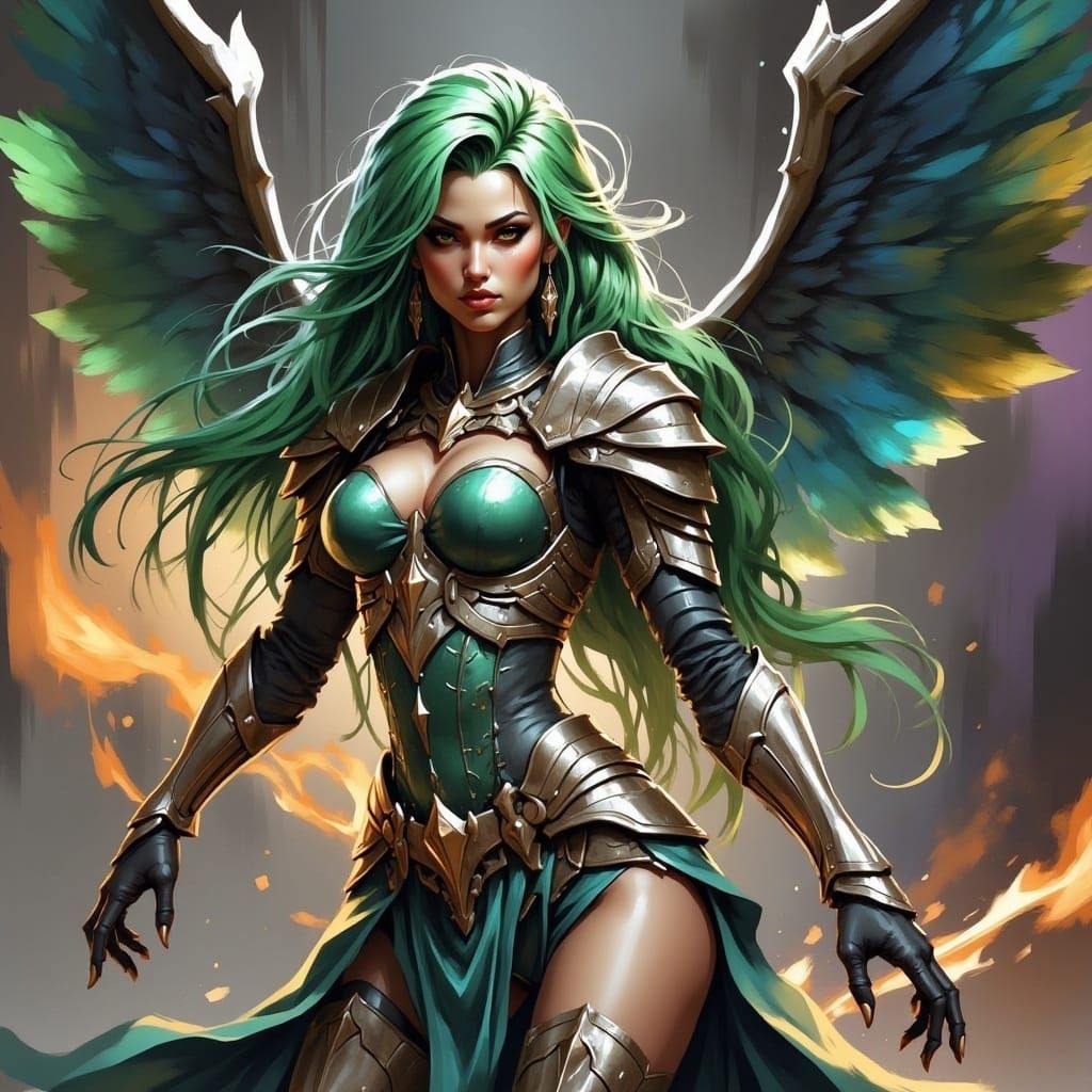 Green-Haired Angel Warrior in Hyperrealistic Splash Art