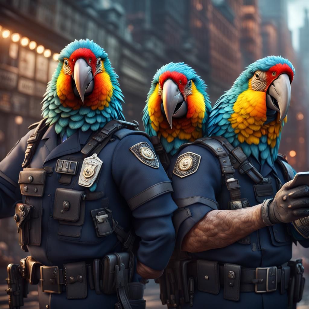 Police Parrots Selfie: Detailed Matte Painting