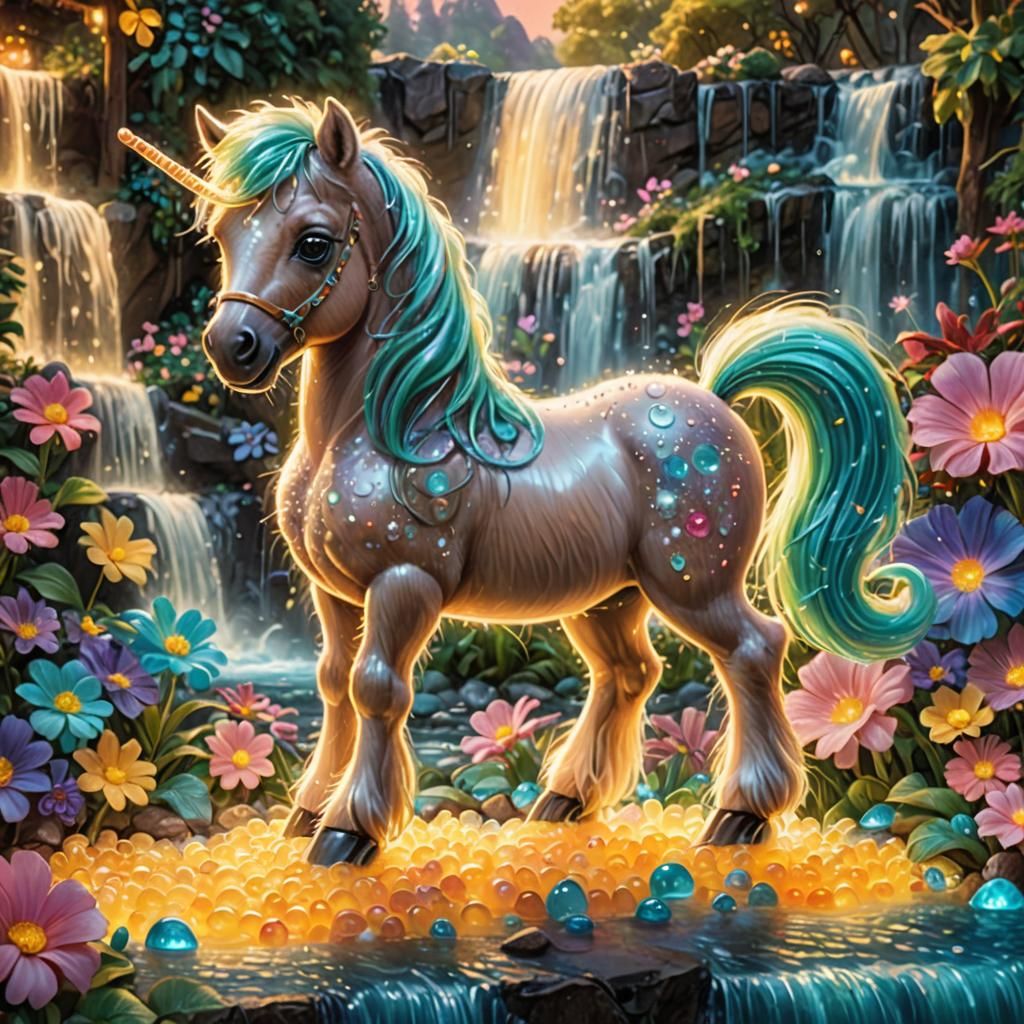 Chibi Pony and Bioluminescent Waterfall in Candy Art