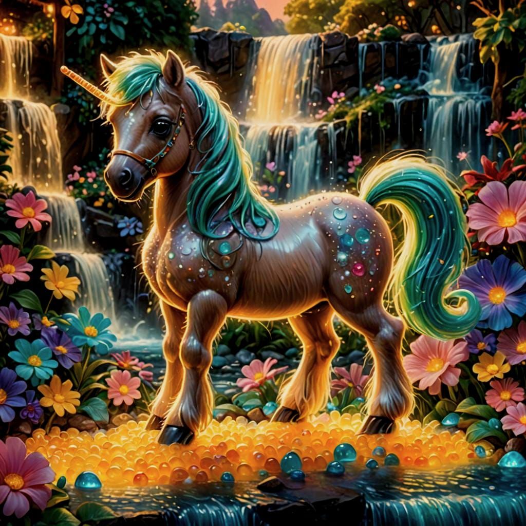 Chibi Pony and Bioluminescent Waterfall, Digital Art