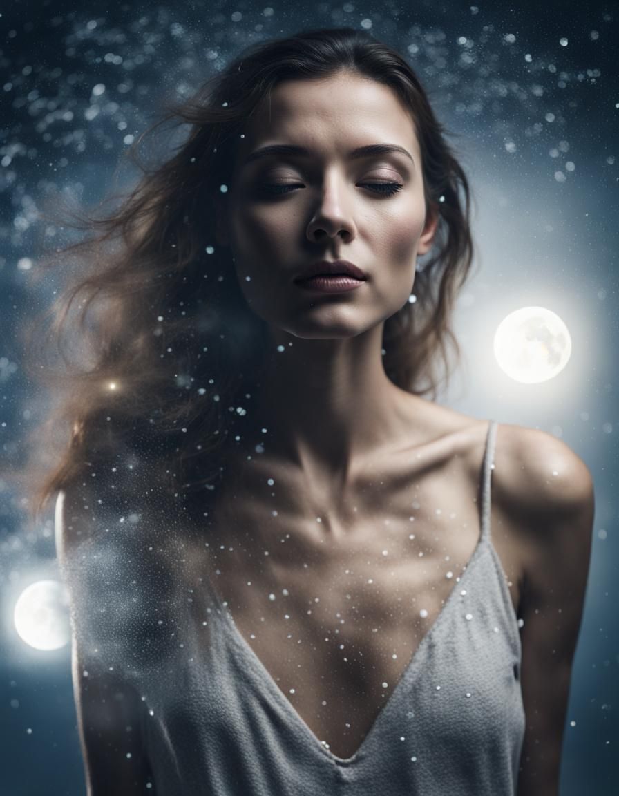 Woman Dissolving into Particles Under Full Moon