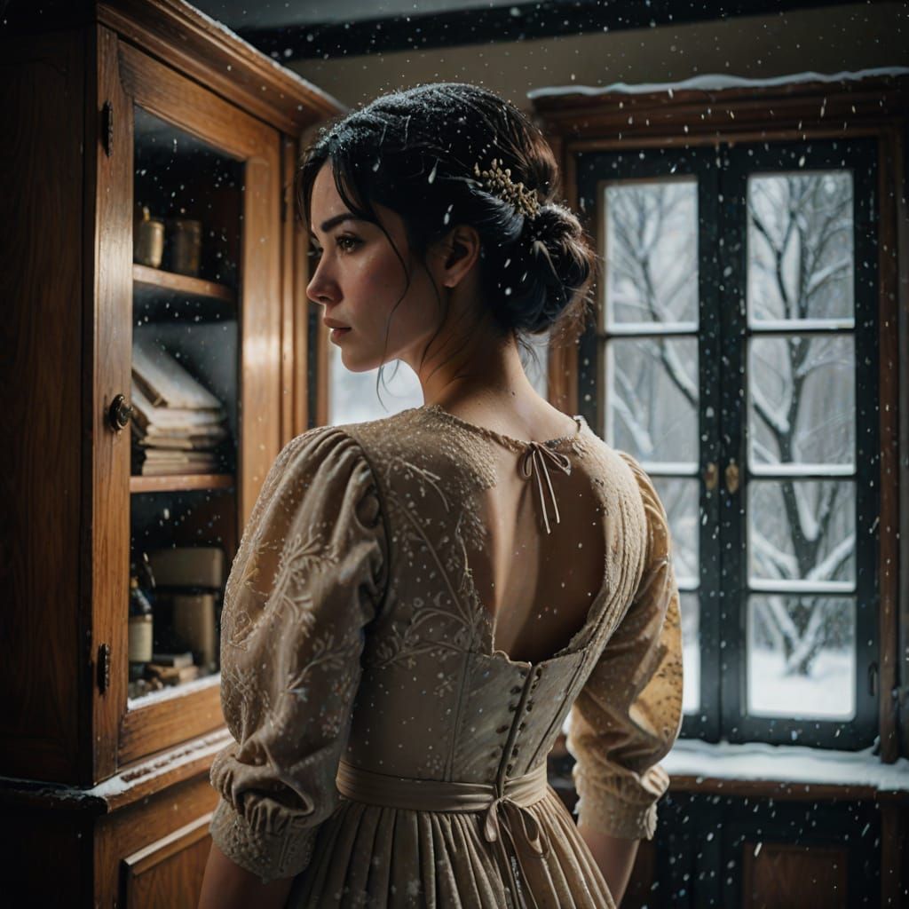 Moody Winter Girl in Snowy Antiquity