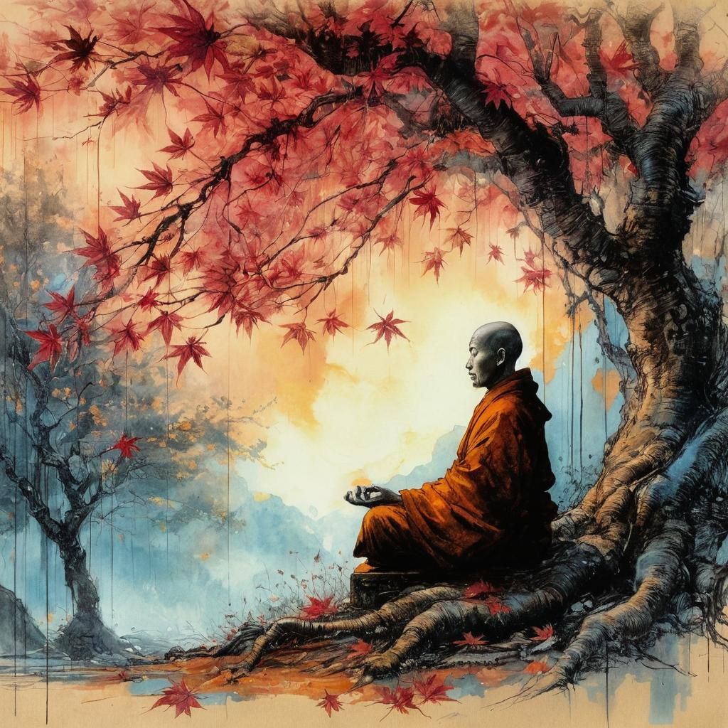 Meditating Monk Under Autumn Maples: Etched Oil Painting