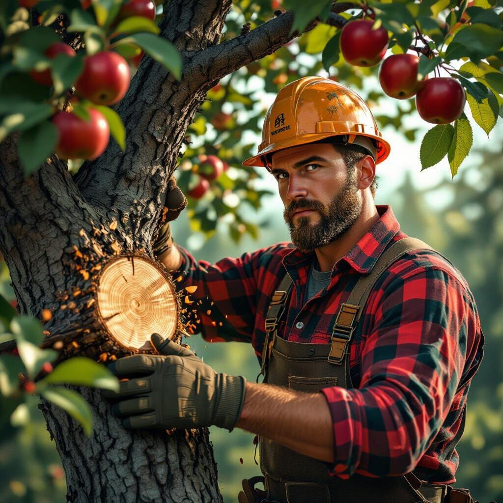 Lumberjack Felling Apple Tree in Ornate Style