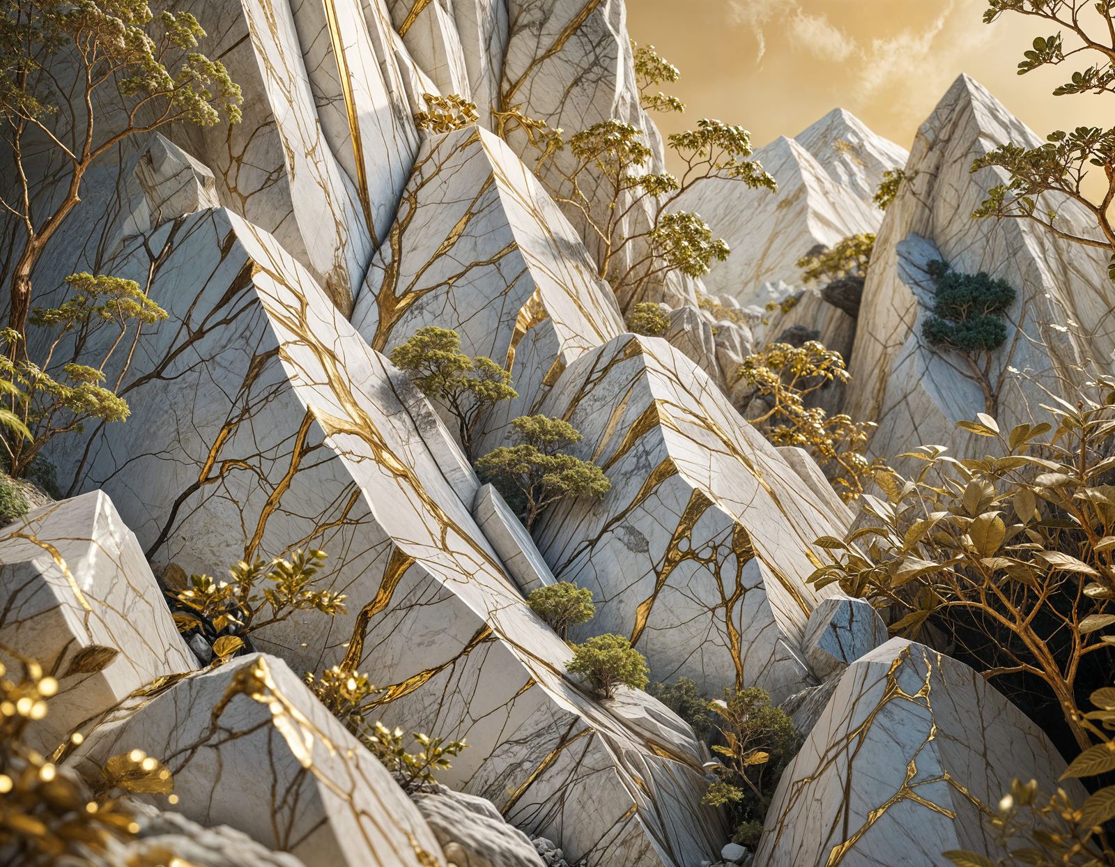 Marble Mountain with Golden Cracks in Kintsugi Style