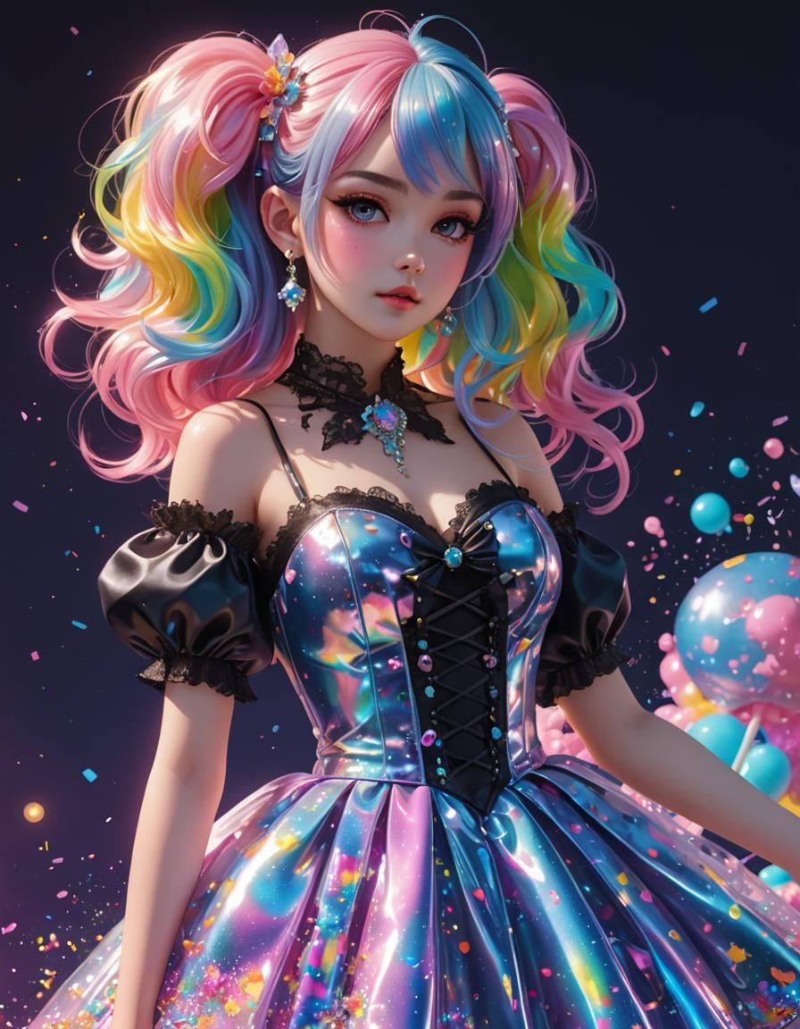 Holographic Anime Dress with Iridescent Ink Splatters