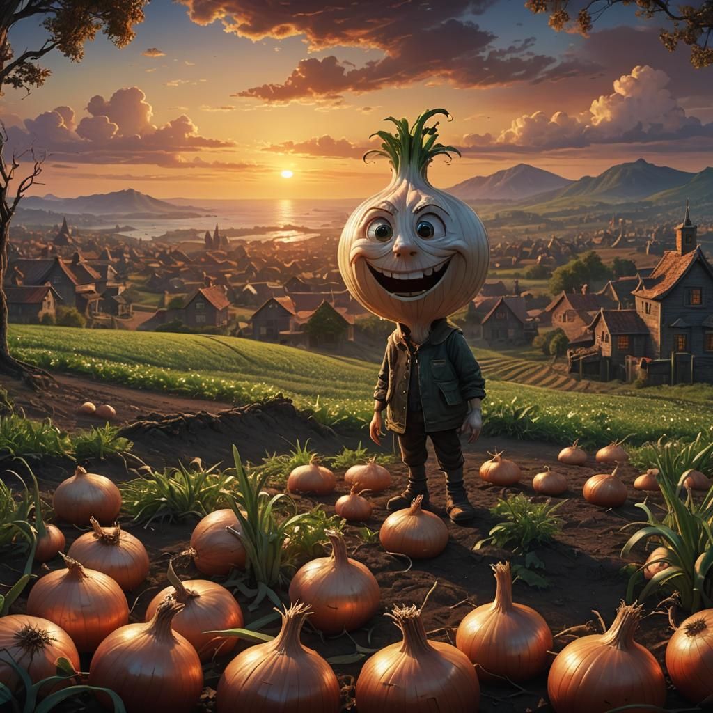 Happy Onion Gazing at Sunset: Digital Matte Painting