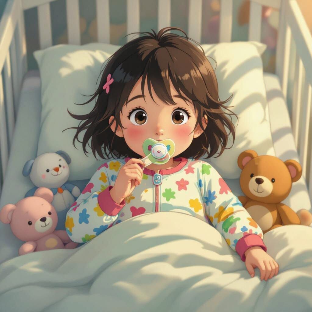 Girl in Crib with Pacifier in Anime Style