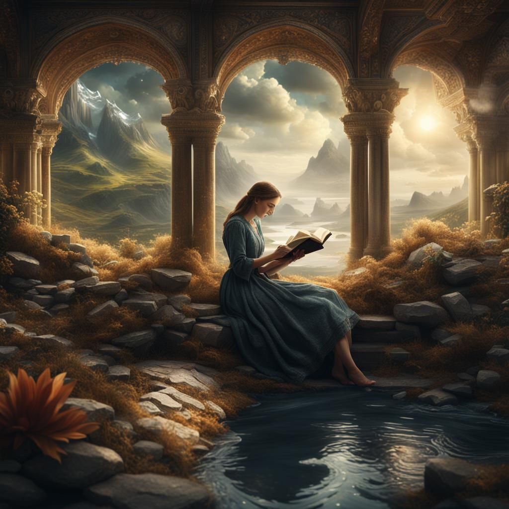 Woman Reading by Stream: Digital Matte Painting