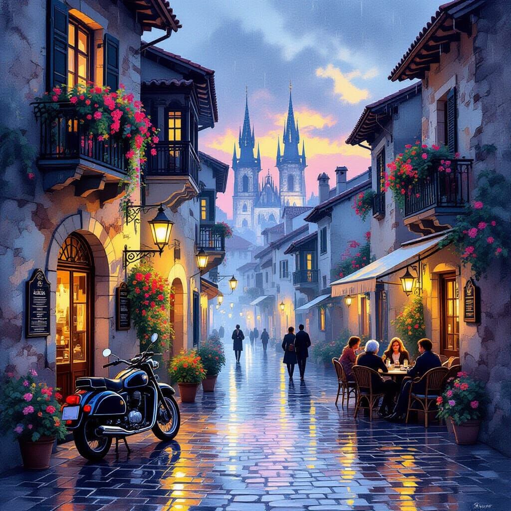 European Old Town Street at Dusk Watercolor Painting