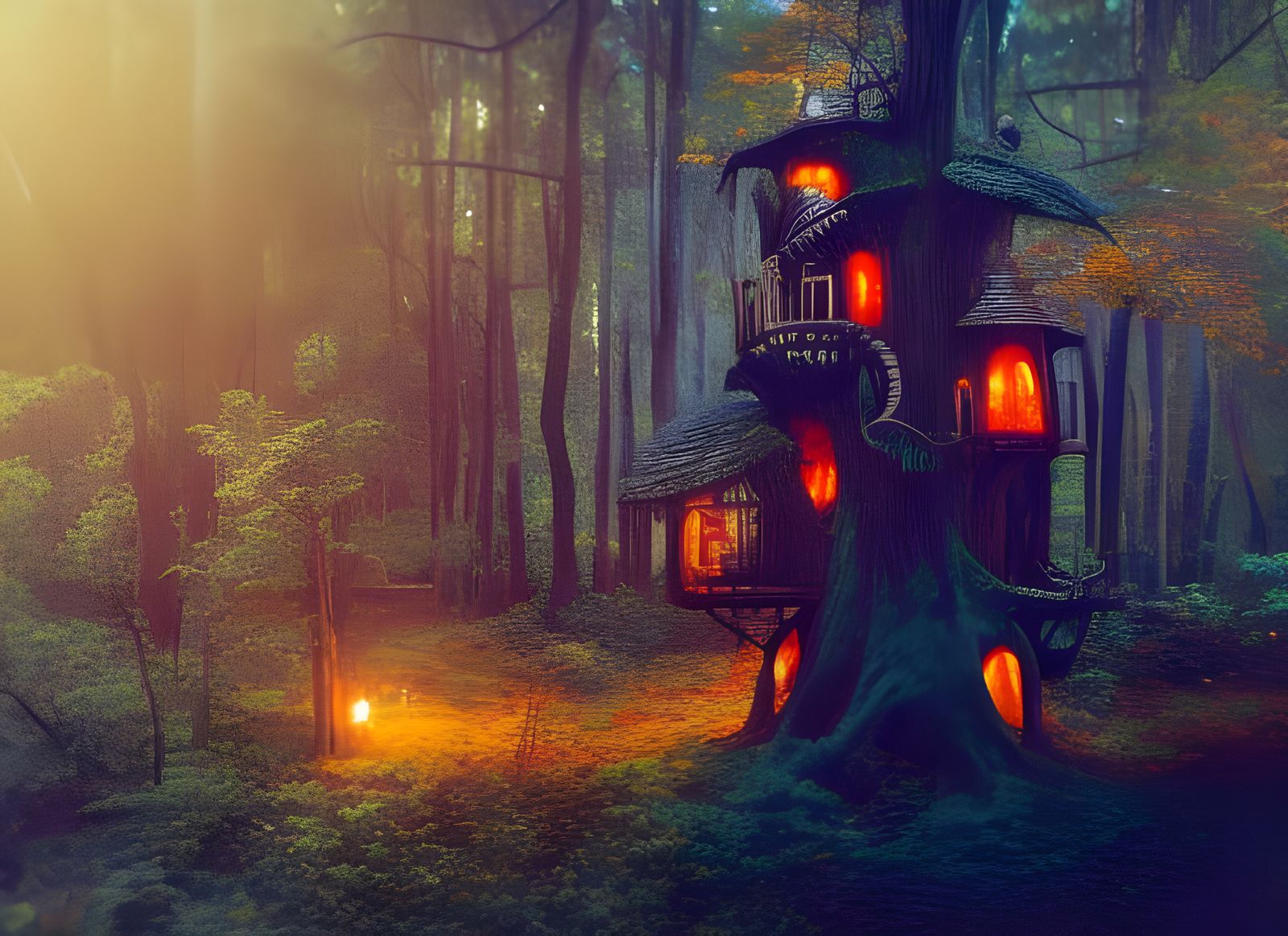 Magical Elven Treehouse in Colorful Forest