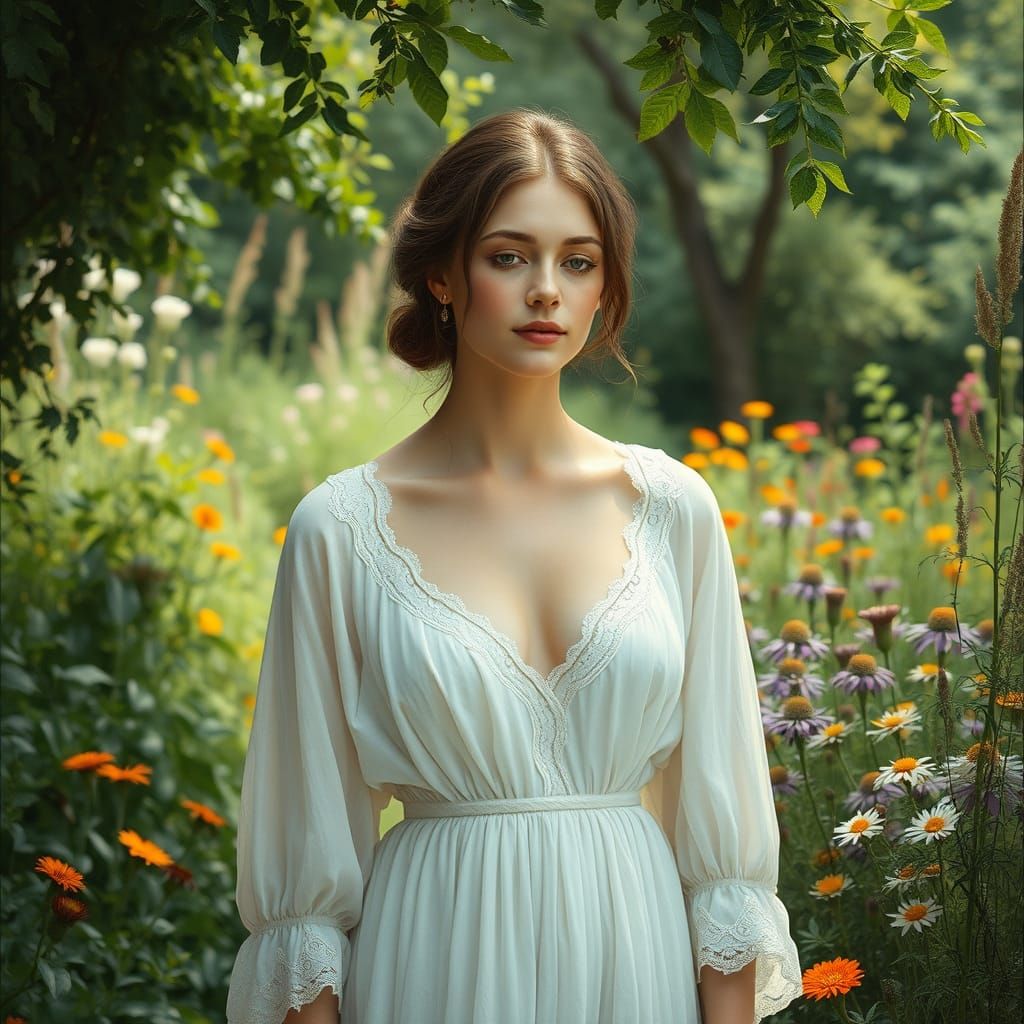 Ethereal Garden Siren in Pre-Raphaelite Style