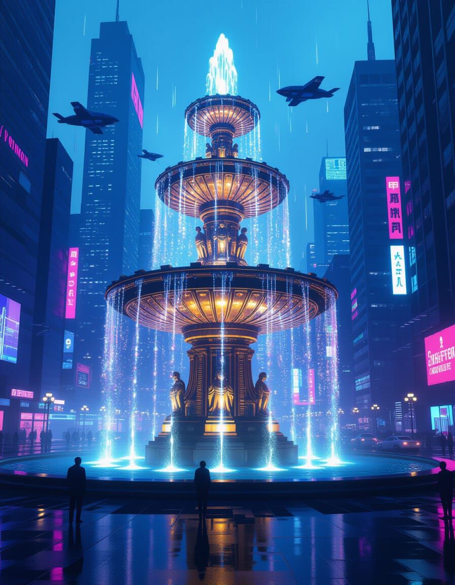 Cyberpunk Fountain with Neon Lights and Holographic Projecti...