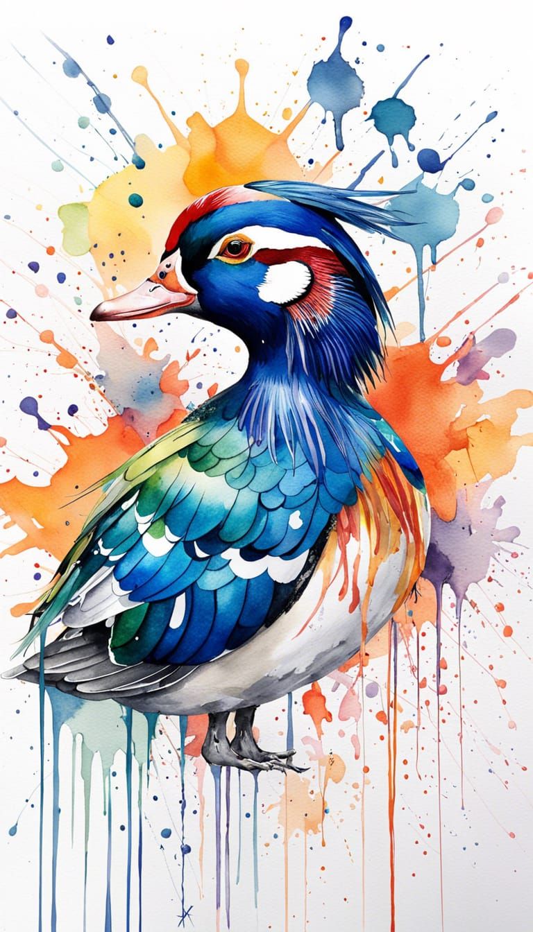 Polychromatic Mandarin Duck in Watercolor Style