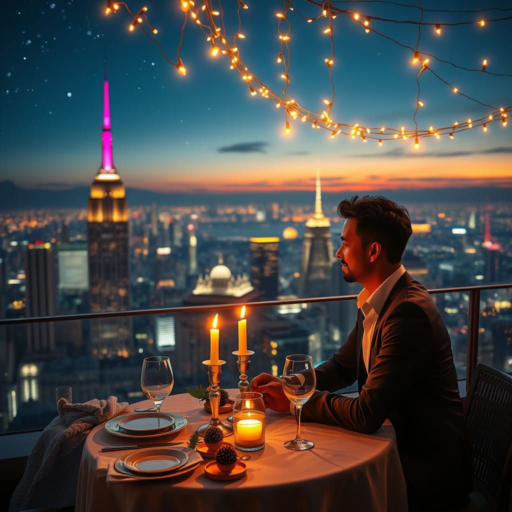 Romantic Rooftop Dinner Under Starry City Skyline