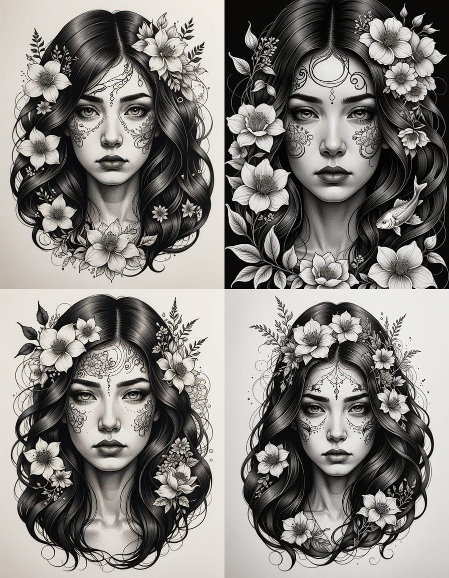 Mysterious Female Figure in Blackwork Tattoo Style