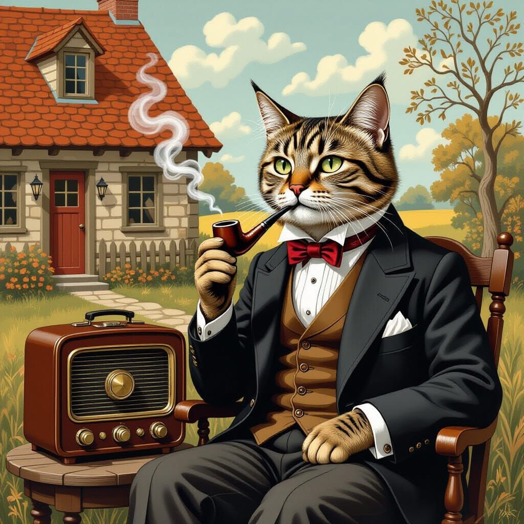 Dapper Cat Smoking Pipe in Folk Art Style