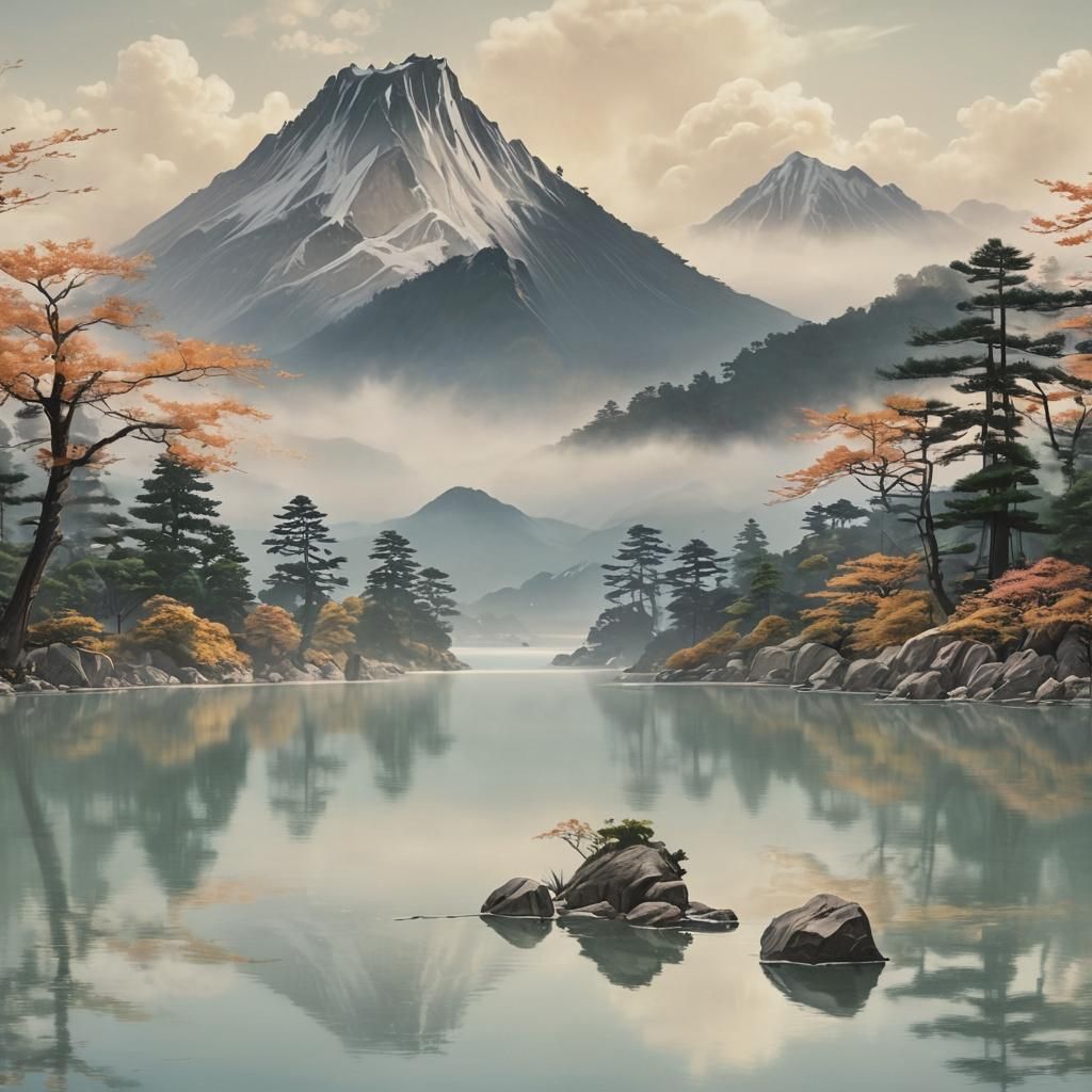Serene Japanese Landscape in Hokusai Style