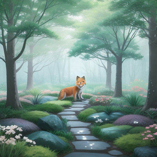 Anime-Style Red Fox Meditates in a Japanese Garden