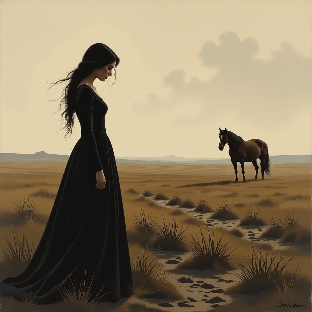 Sorrowful Woman and Lone Horse in Desolate Landscape