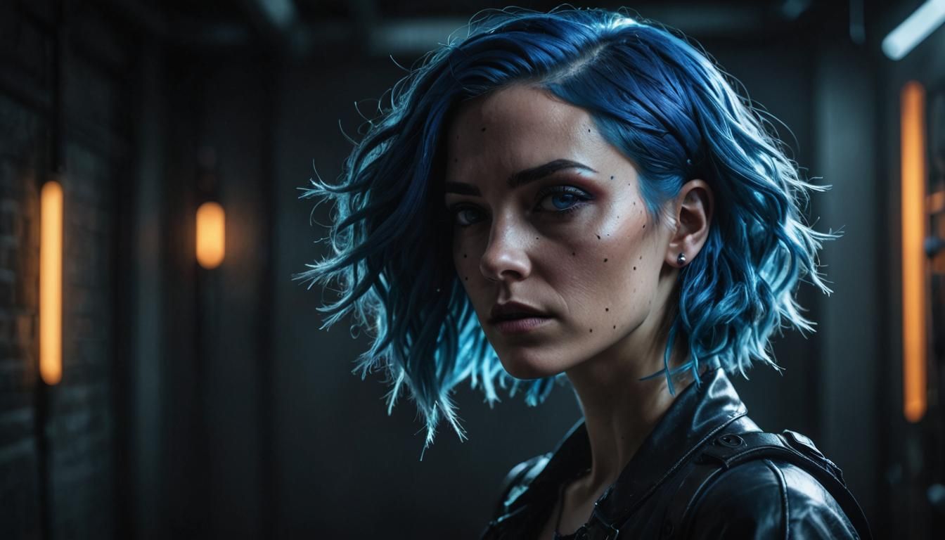 Woman with Electric Blue Hair in High Fashion Portrait