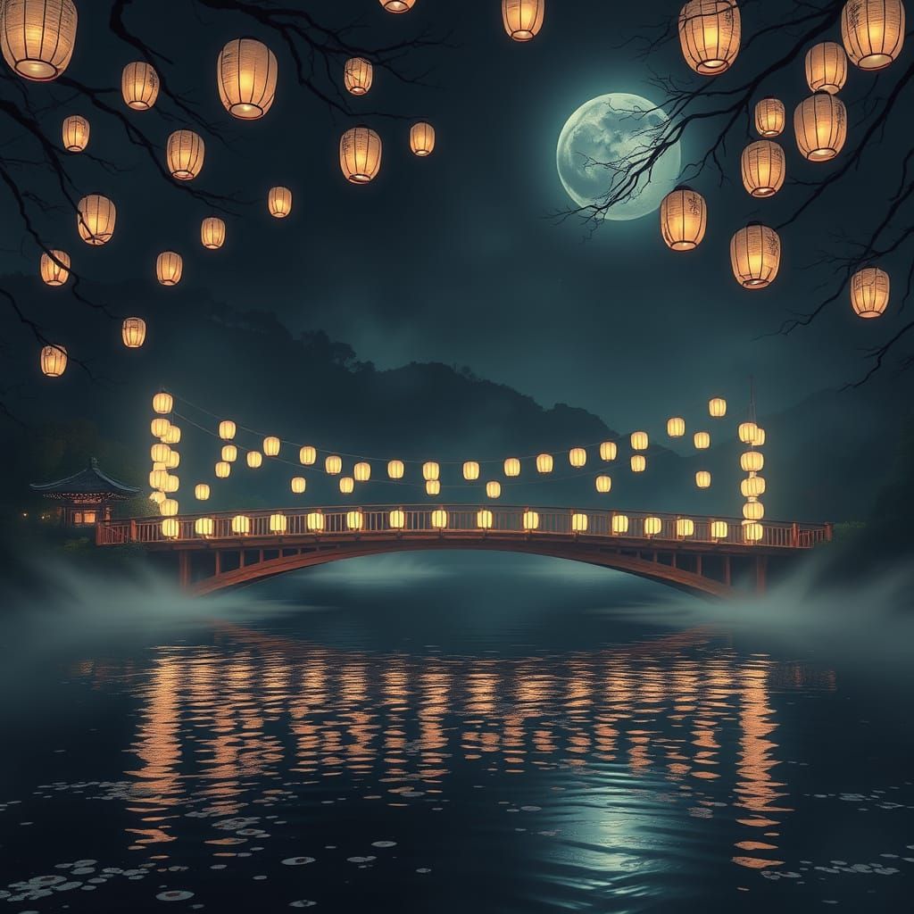 Ethereal Paper Lantern Bridge Over Serene Lake at Night