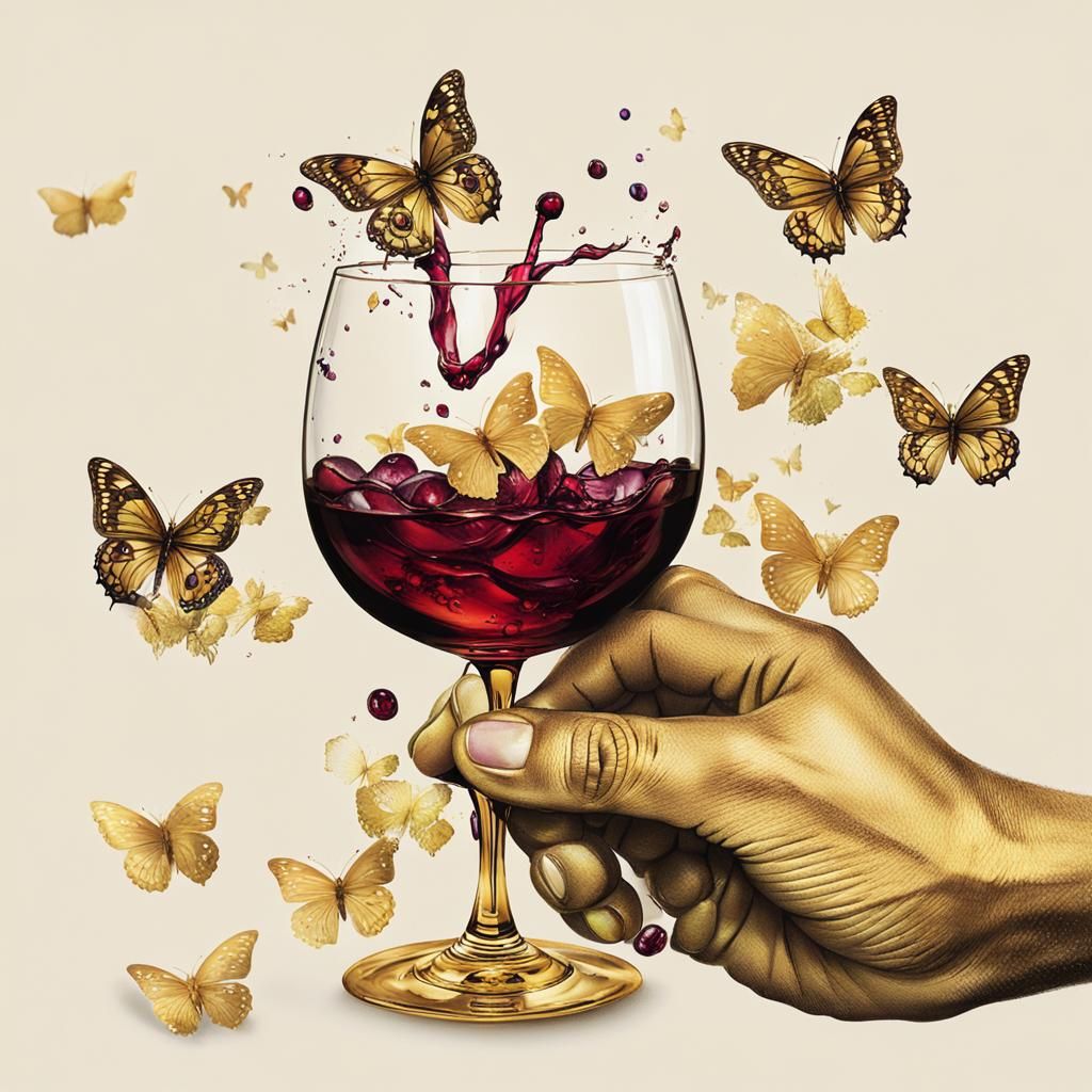 Butterflies Sipping Wine from Golden Goblet