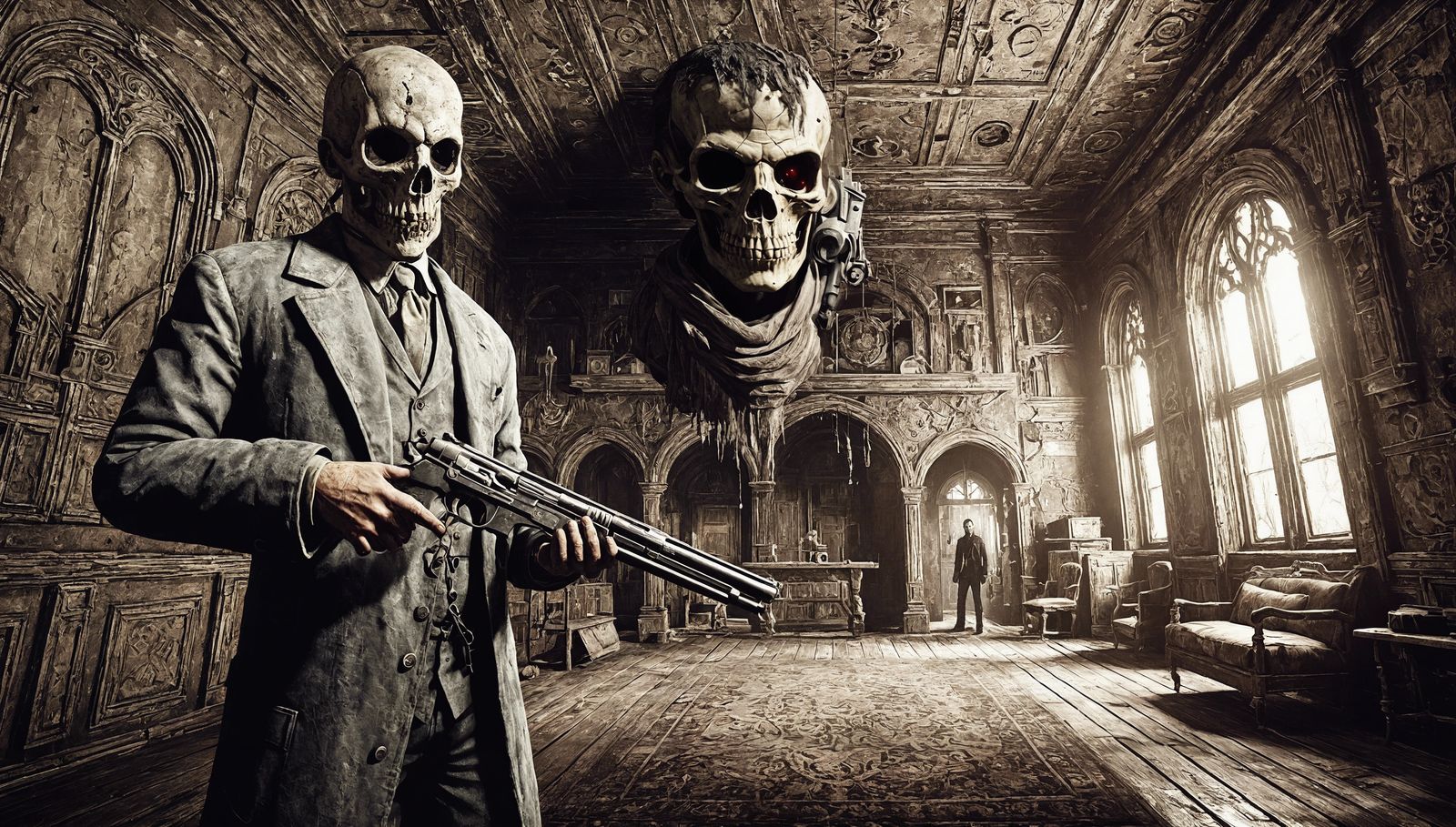Dystopian Horror: Figure with Revolver in Gothic Room
