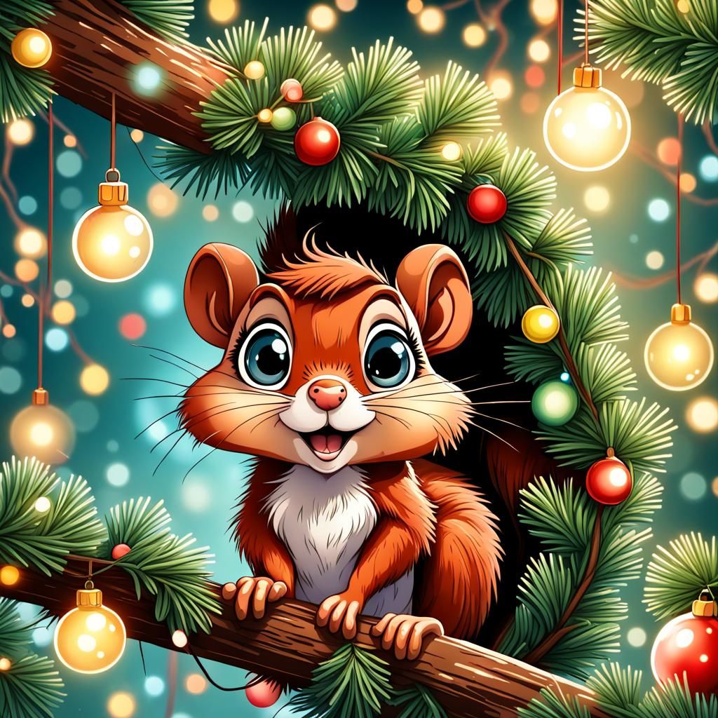 Cartoon Squirrel Peeks from Christmas Tree