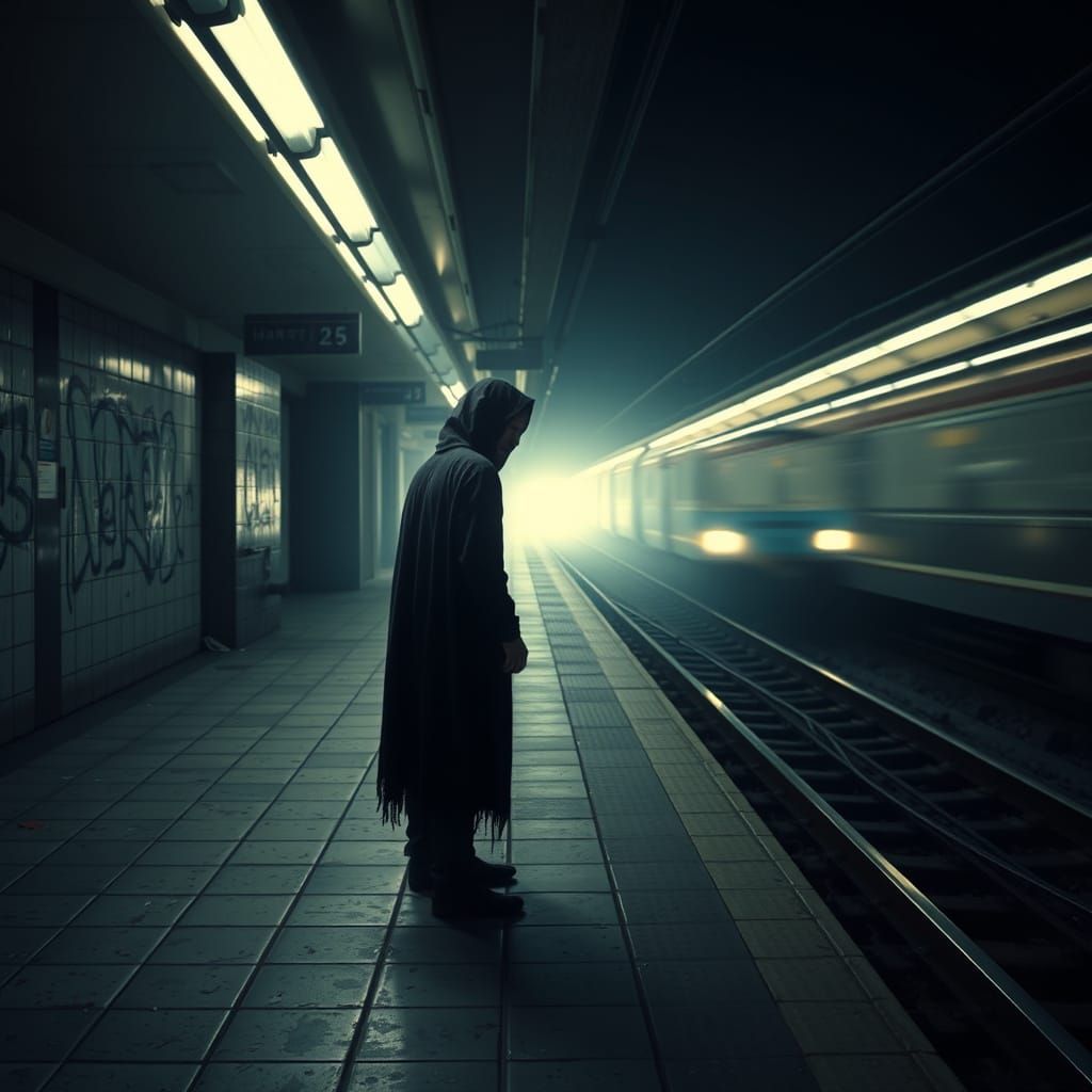 Death Awaits on the Subway Platform in a Haunting, Cyberpunk...
