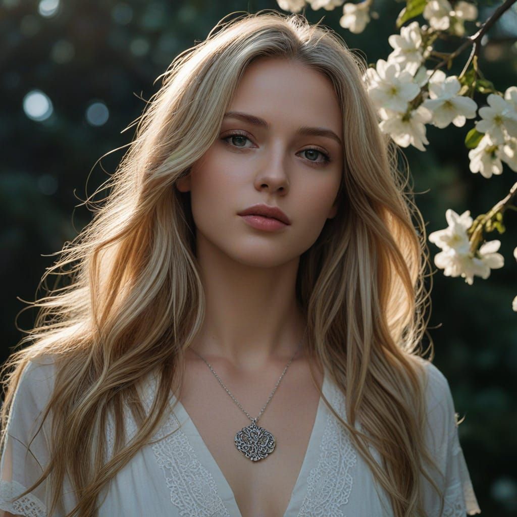 Hazel-Eyed Woman in Moonlit Garden