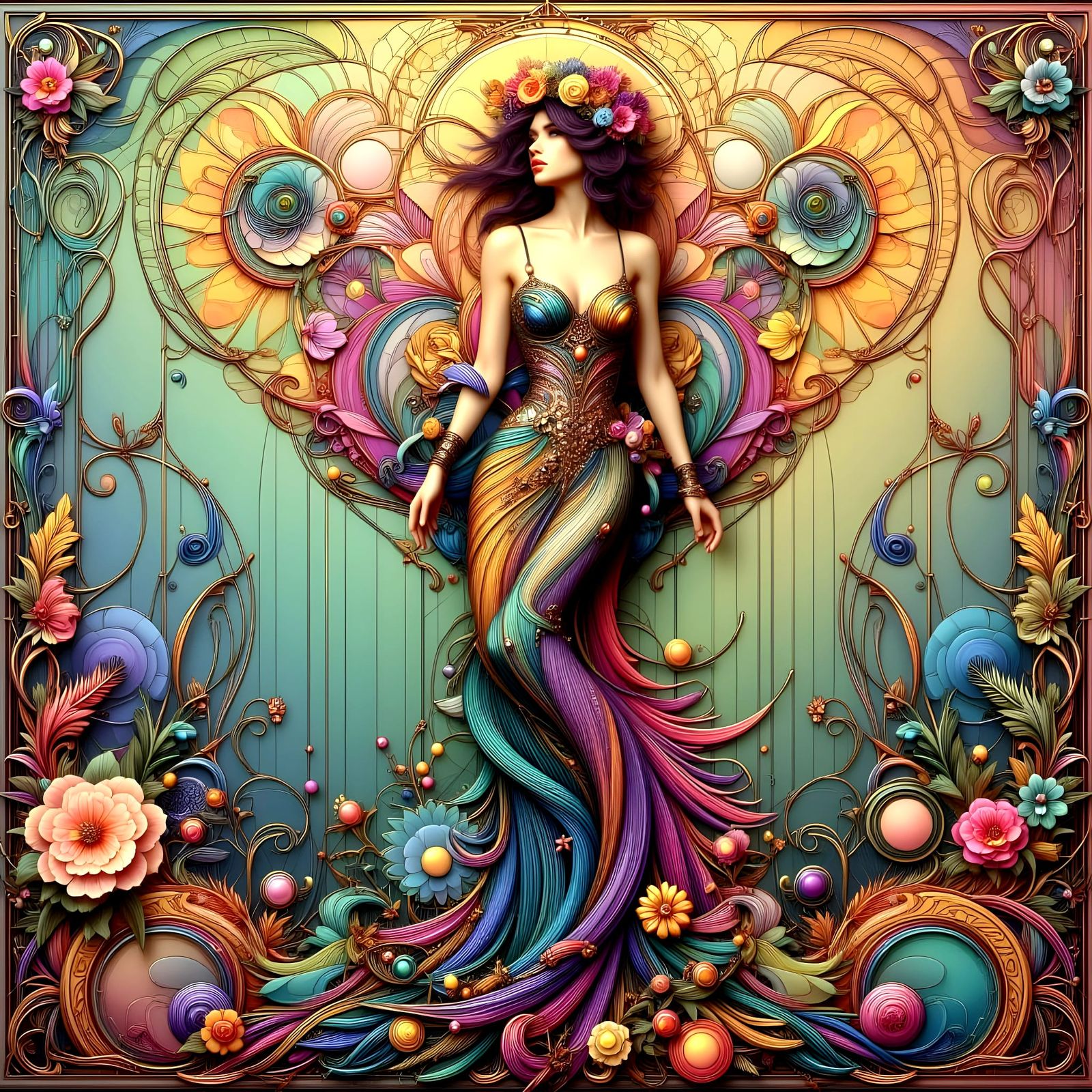 Pastel Art Nouveau Goddess in Hyperdetailed Landscape Seasca...