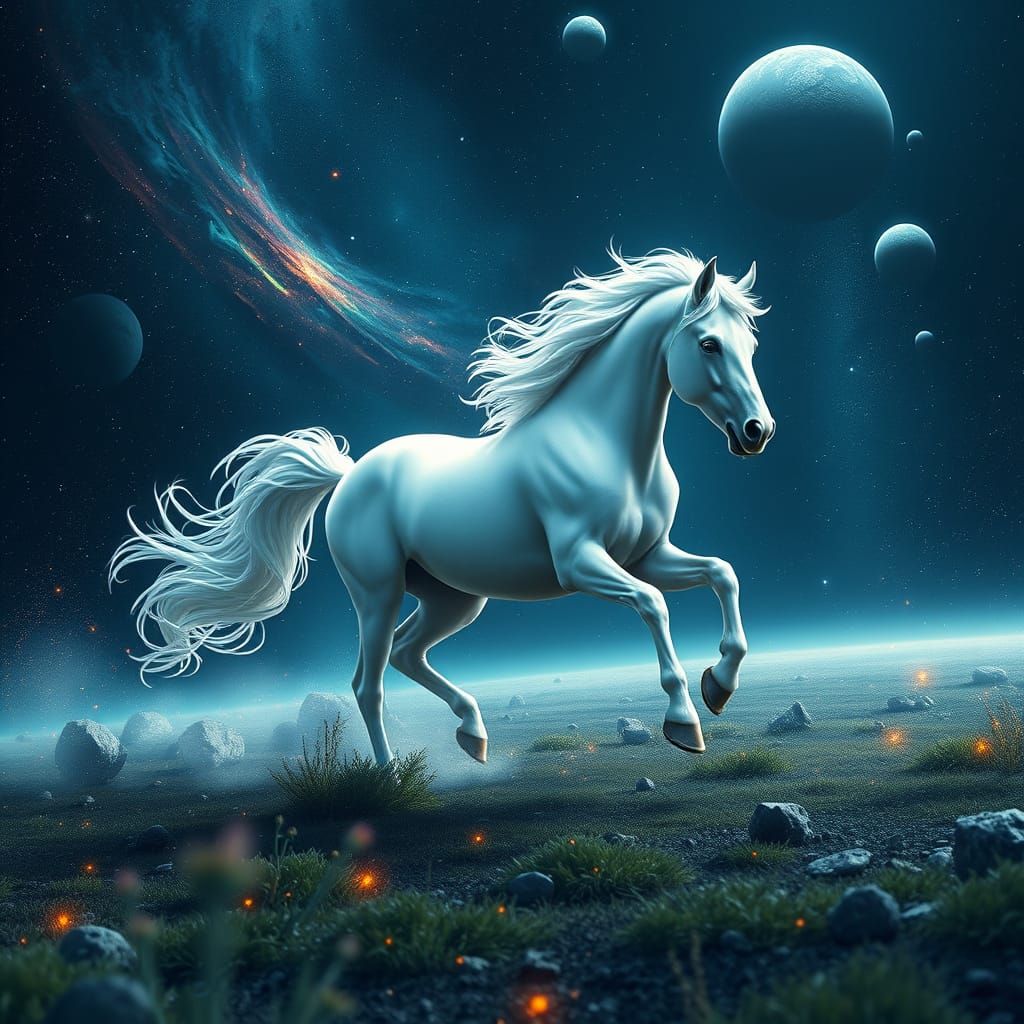 Celestial White Horse Galloping Through Starry Galaxy
