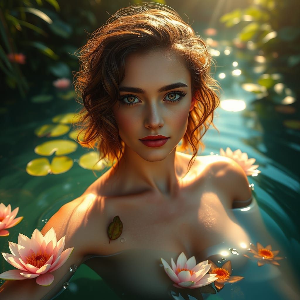 Vibrant Young Woman Swimming in a Serene River Landscape in ...