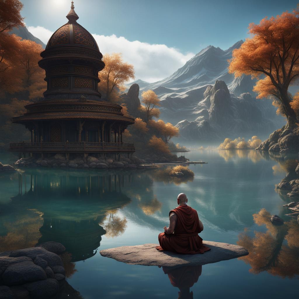 Tortle Monk Meditating in Lake: Fantasy Concept Art
