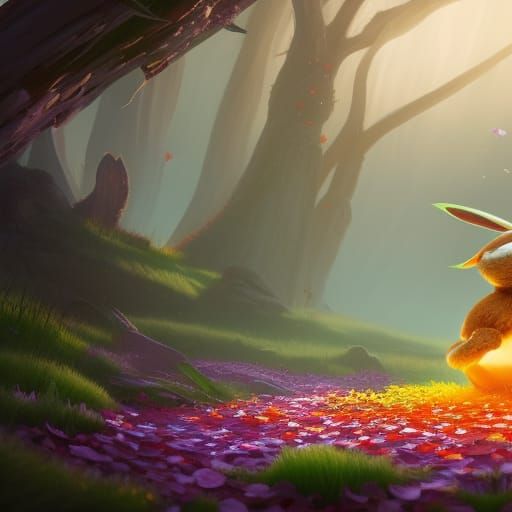 Happy Bunny in Petal Pile, Detailed Matte Painting