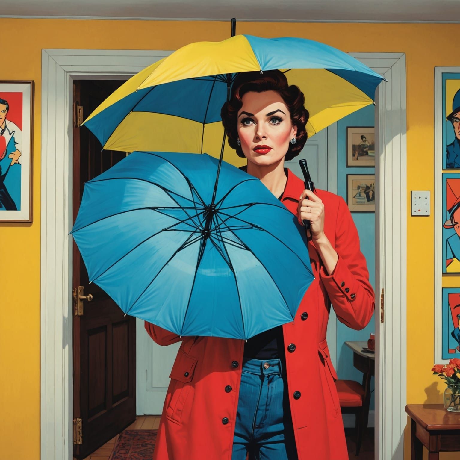 Woman Opens Umbrella Indoors in Pop Art Style