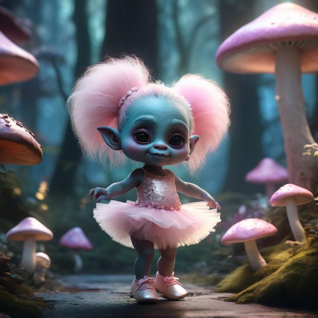 Baby Troll Ballerina in Fantasy Mushroom Forest