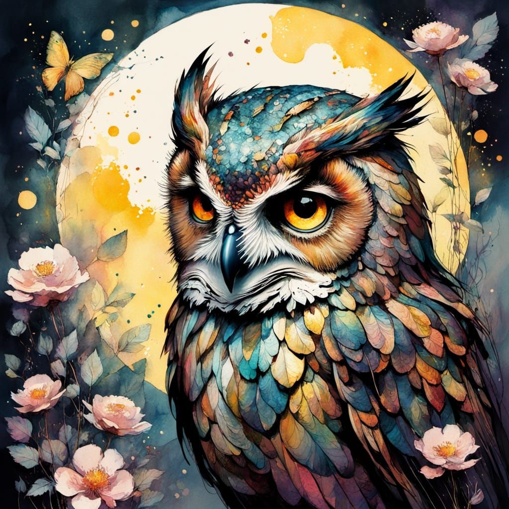 Whimsical Owl in Dreamy Watercolor Fantasy Art