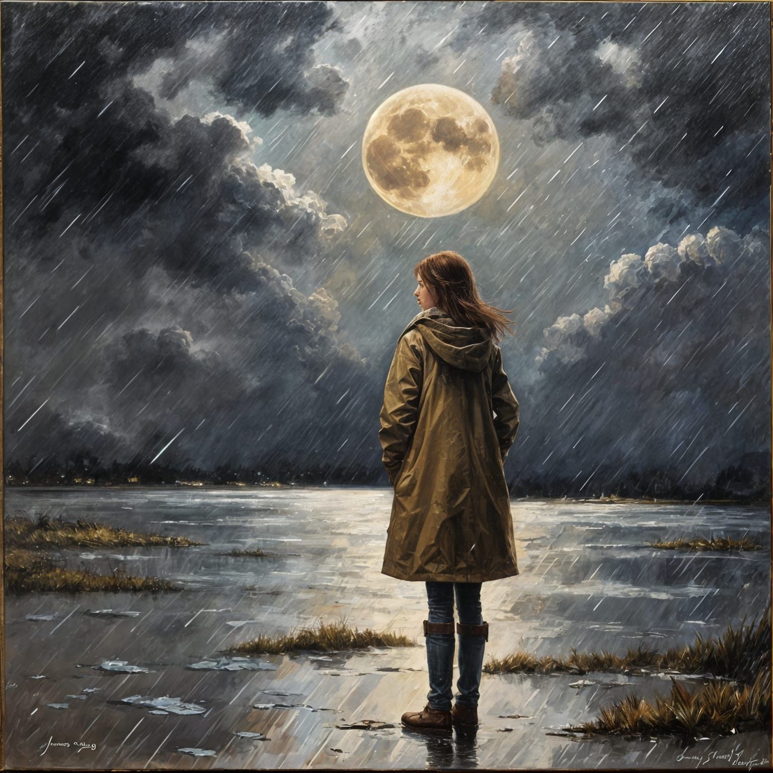 Girl Under Storm Cloud in Oil Painting Style