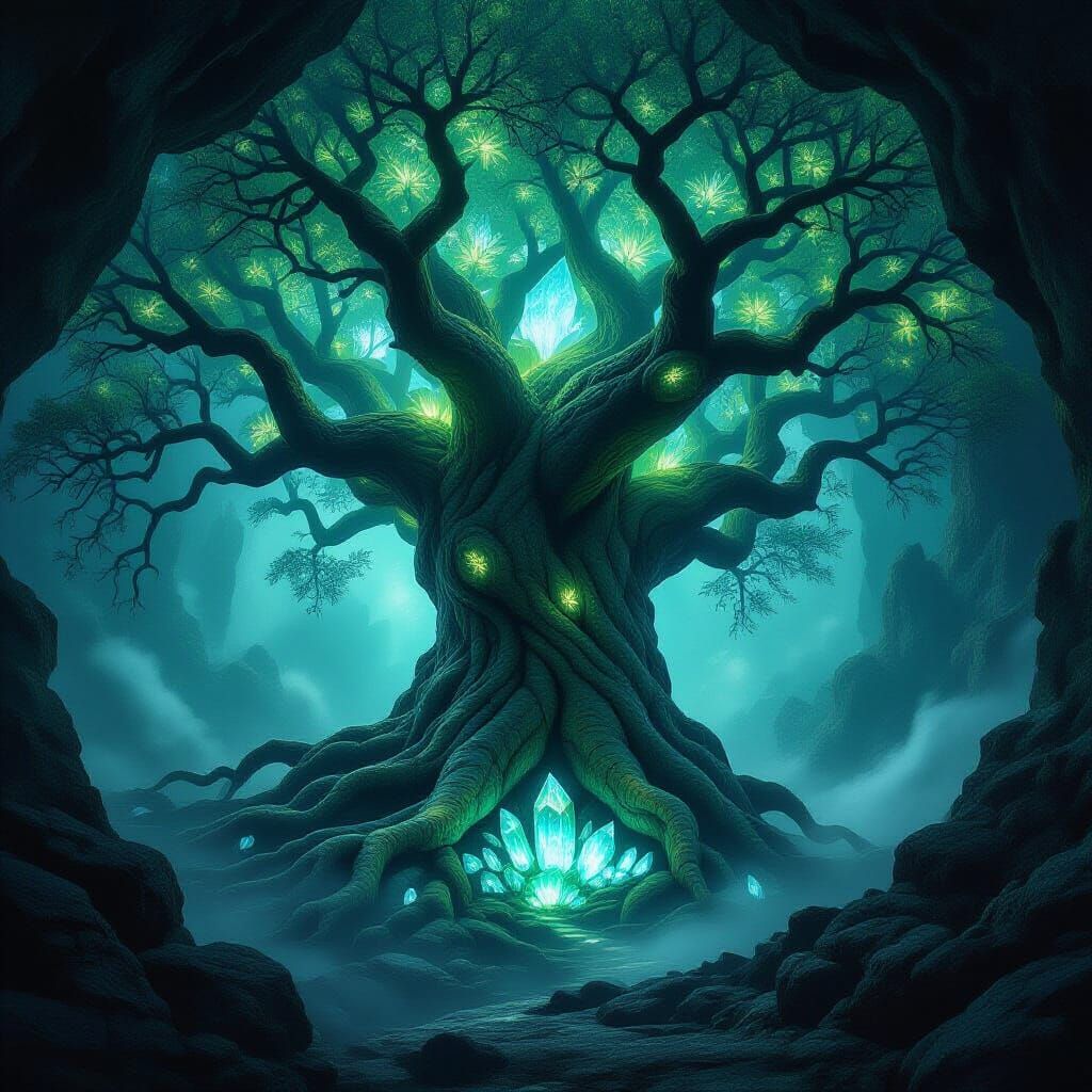 Ancient Bioluminescent Tree With Crystal Roots in Hidden Cav...