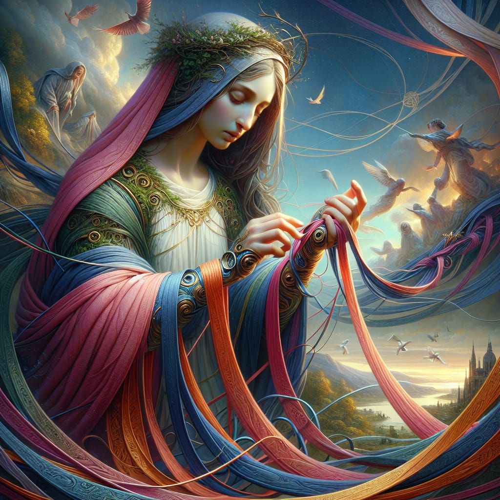 Holy Mary Unraveling a Tangled Ribbon in Fantasy Art