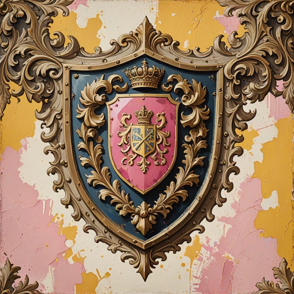 Heraldic Shield Displays Intricate Imagery as Impasto Painti...