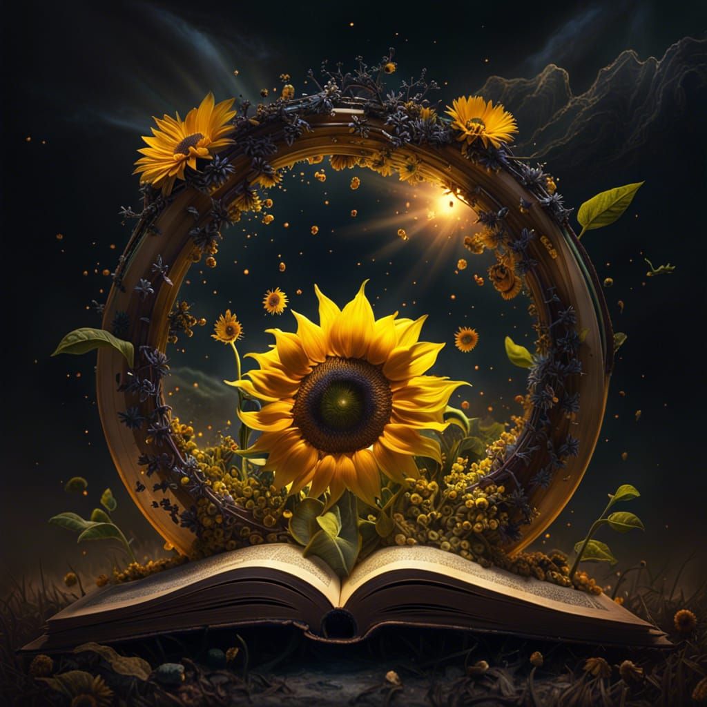 Fantasy Sunflower Field Emerging from Book