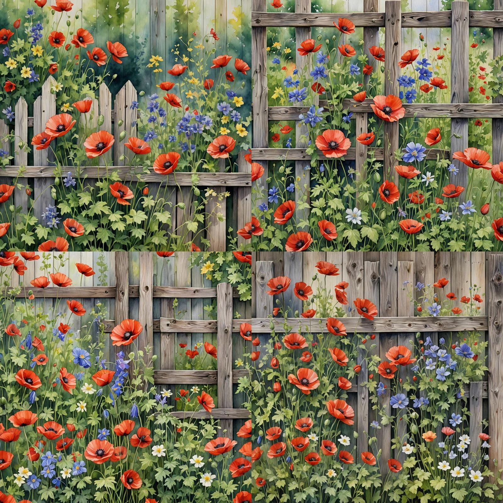 Watercolor Poppies and Columbine Against Wooden Fence